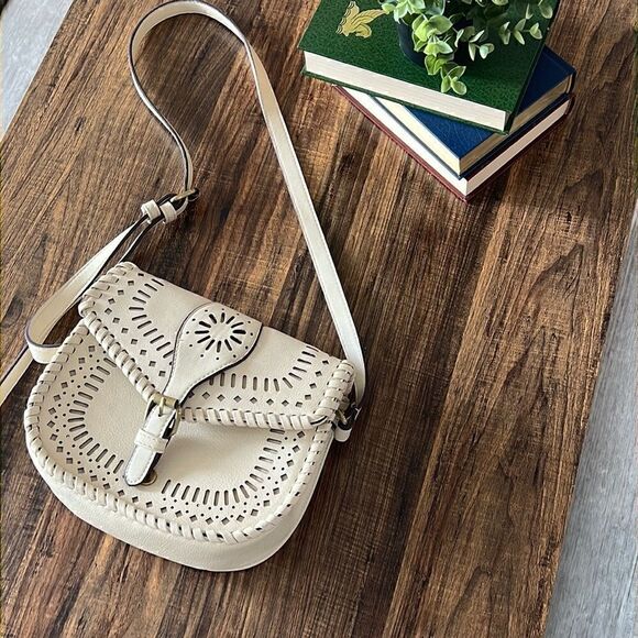Sole Society Cream Crossbody Bag Boho Perforated Faux Leather Purse - Picture 1 of 11